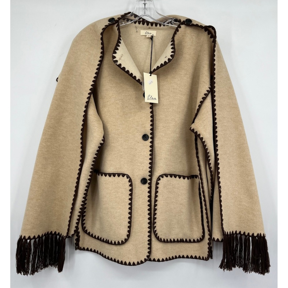 Elan Womens Beige Whipstitch Blanket Scarf Coat Fringe Jacket Small New $165